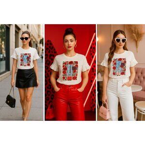 Why Dress Women’s Graphic Tee White M Leopard Rose Print Y2K Coquettecore